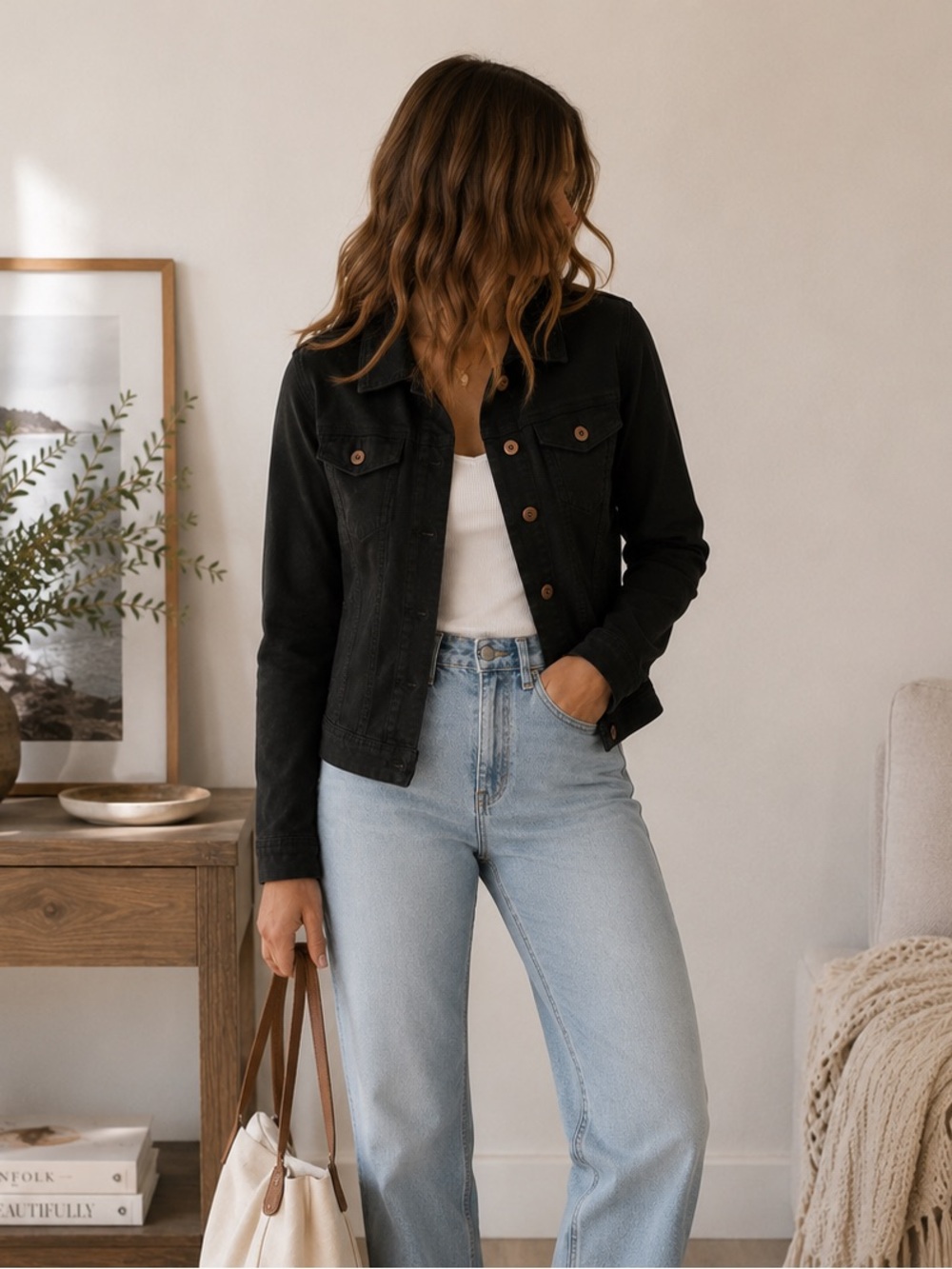 Vero Moda Vetta Black Stretch Denim Jacket Bronze Button Detail Size M